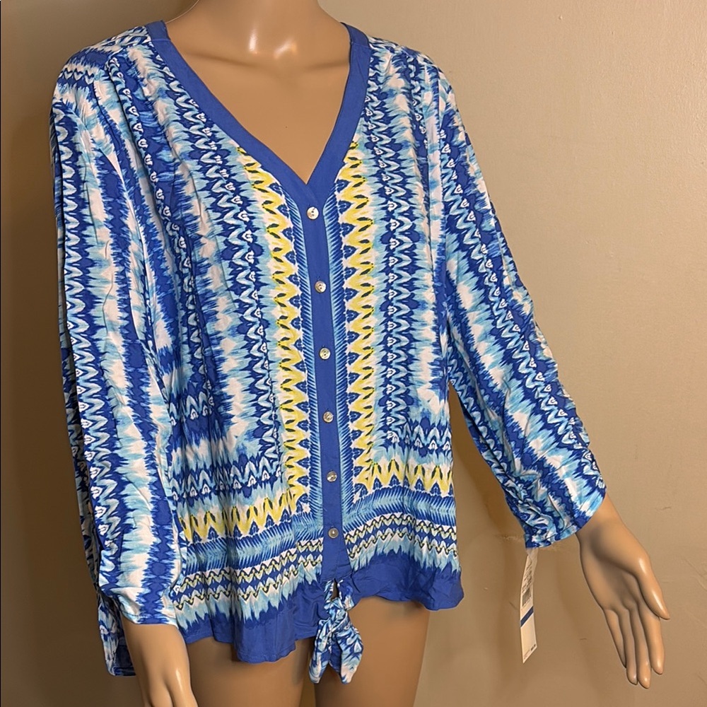 Ruby Rd Blue and White 3/4 Sleeve Tie Front Blouse